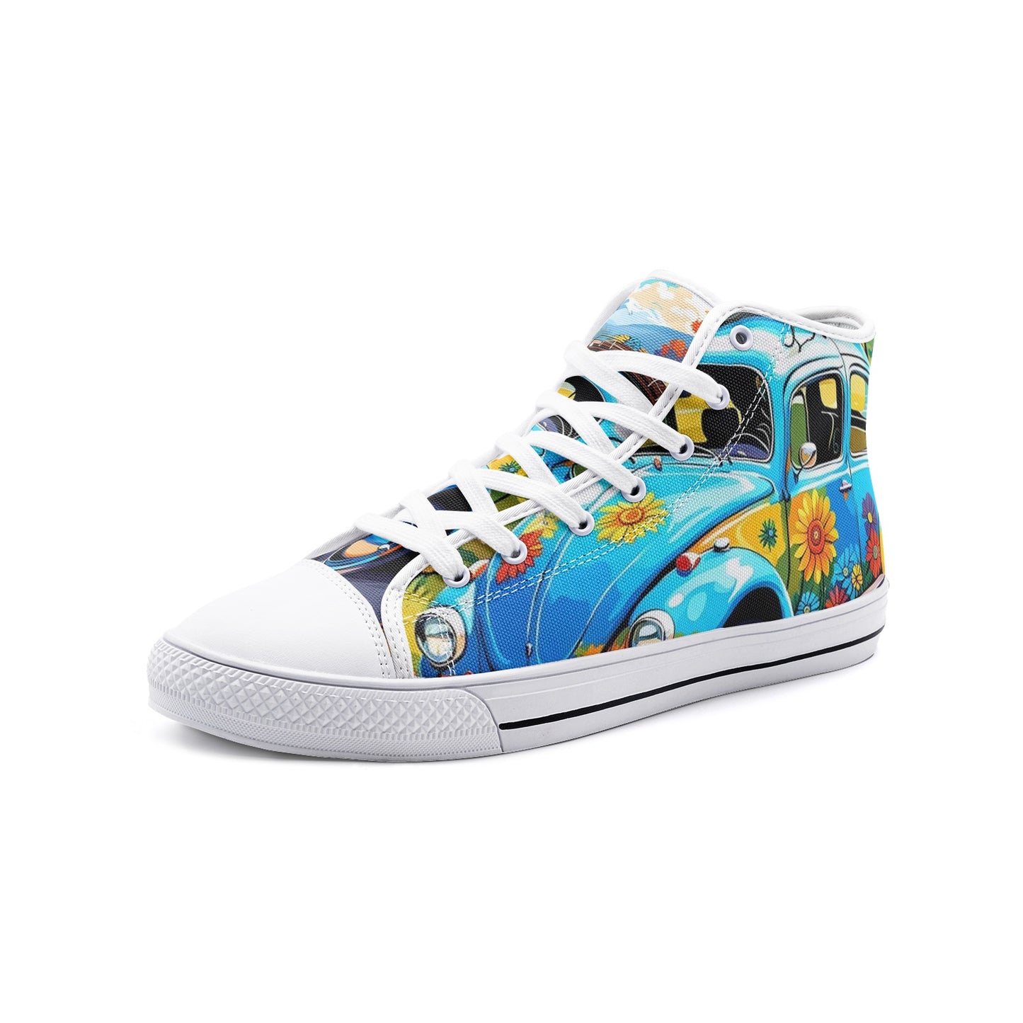 Emerald Blossoms - Vibrant Light Blue Beetle Car Unisex High Top Canvas Shoes For Hippies