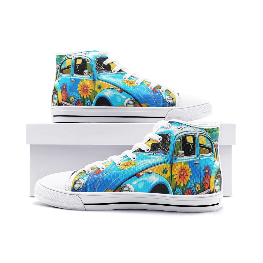 Emerald Blossoms - Vibrant Light Blue Beetle Car Unisex High Top Canvas Shoes For Hippies