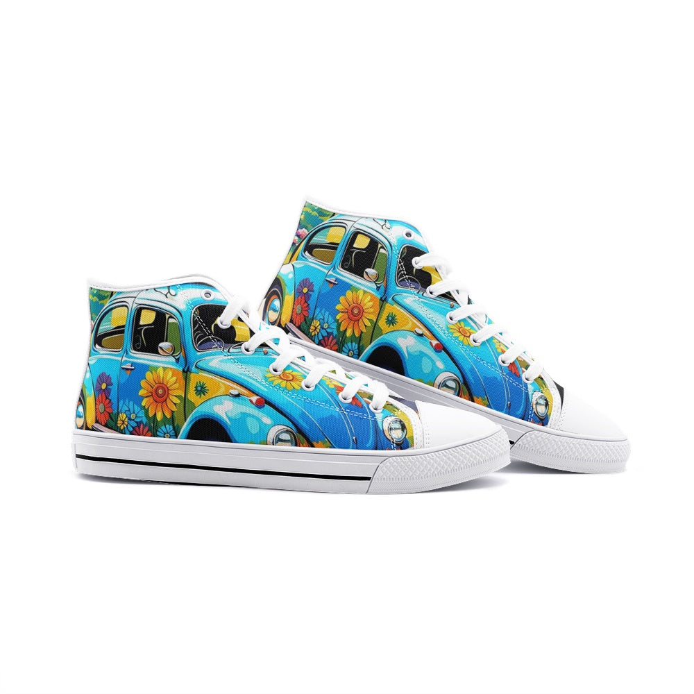 Emerald Blossoms - Vibrant Light Blue Beetle Car Unisex High Top Canvas Shoes For Hippies