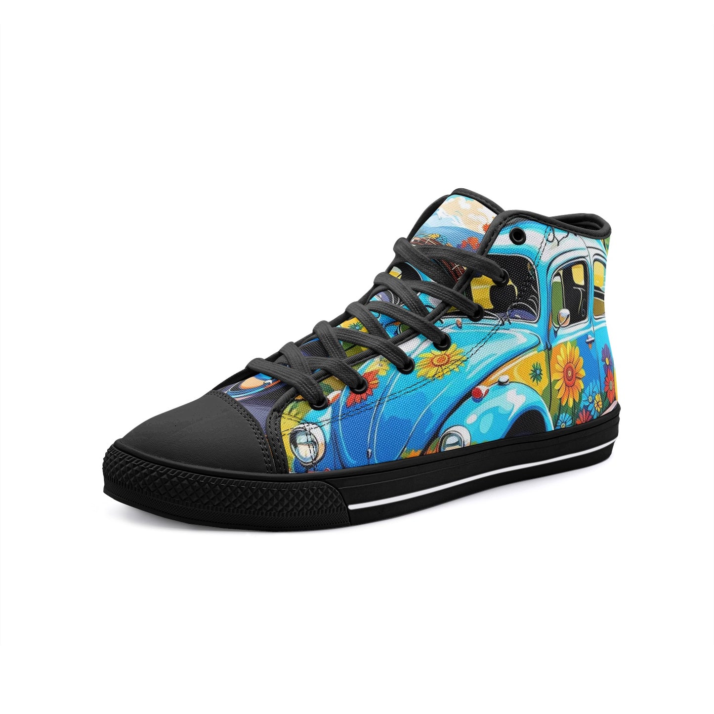 Emerald Blossoms - Vibrant Light Blue Beetle Car Unisex High Top Canvas Shoes For Hippies