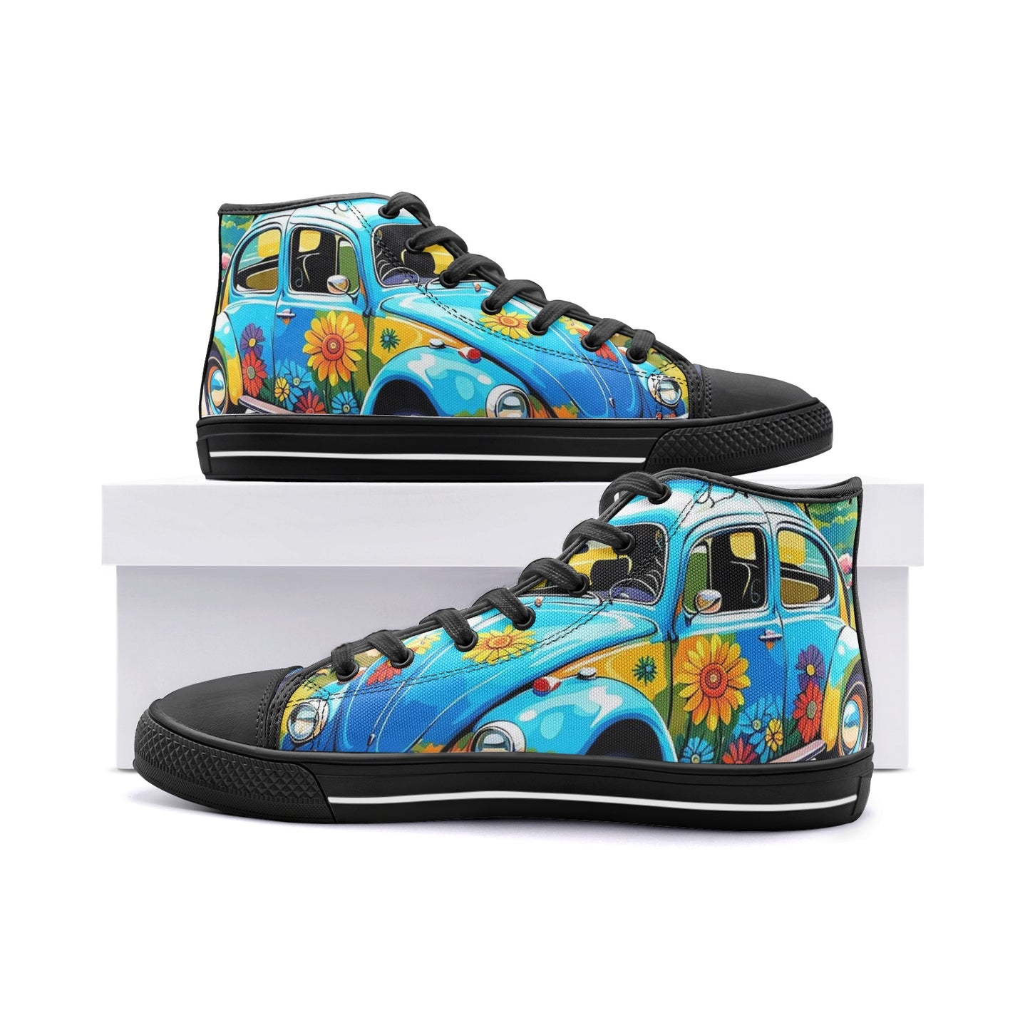 Emerald Blossoms - Vibrant Light Blue Beetle Car Unisex High Top Canvas Shoes For Hippies