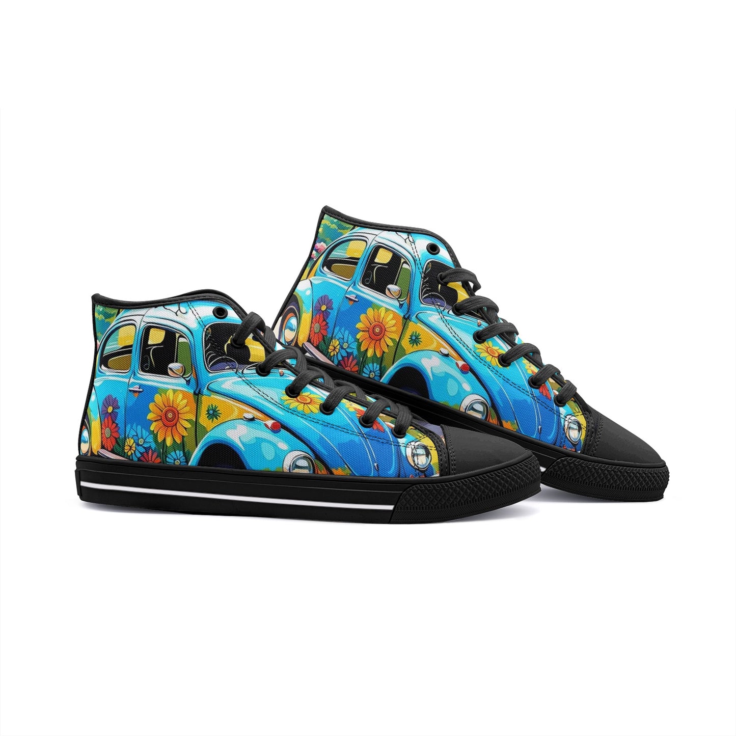 Emerald Blossoms - Vibrant Light Blue Beetle Car Unisex High Top Canvas Shoes For Hippies