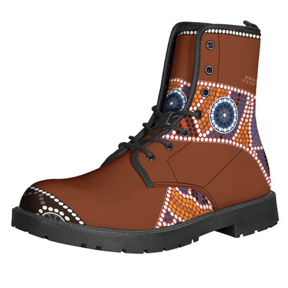 Boho Chic: Aboriginal Dot Boomerang Print Leather Boots for Hippie Fashionistas - 1