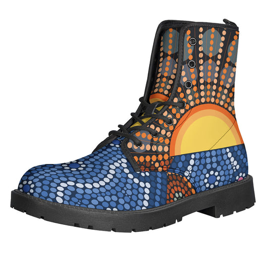 Boho Chic: Aboriginal Indigenous Sunset Art Print Leather Boots - 1