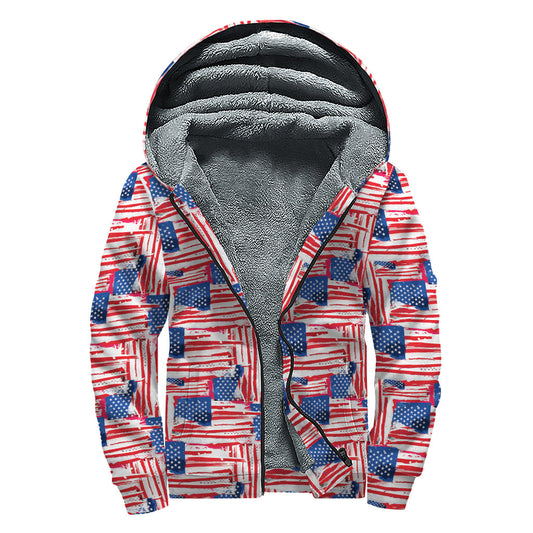 Groovy Vibes Sherpa Lined Zip Up Hoodie: Abstract American Flag Print - 1