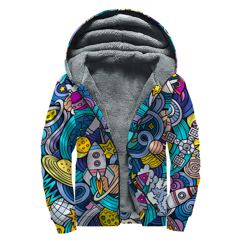 Abstract Cartoon Galaxy Space Print Sherpa Lined Zip Up Hoodie for Groovy Hippies - 1