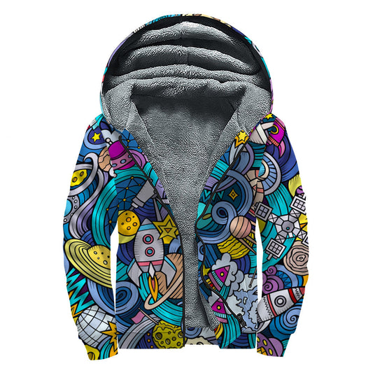 Abstract Cartoon Galaxy Space Print Sherpa Lined Zip Up Hoodie for Groovy Hippies - 1