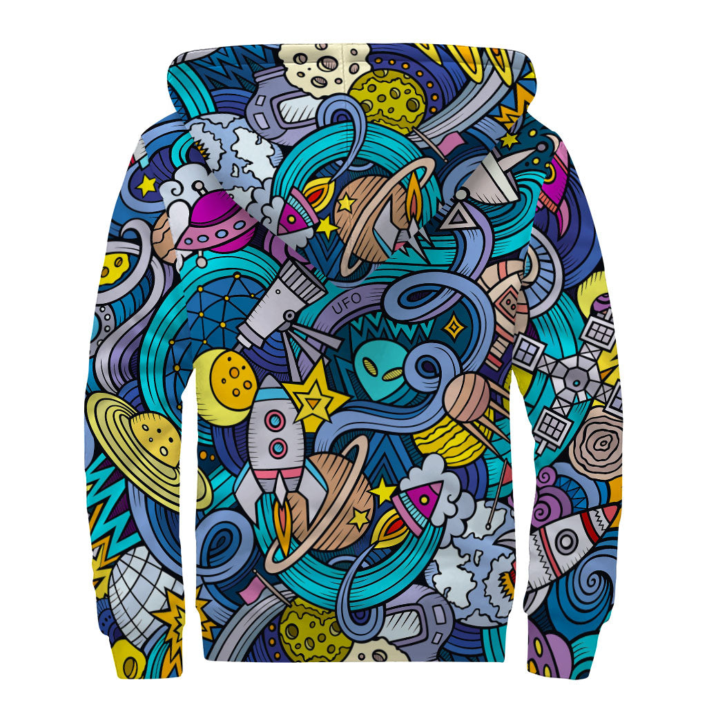 Abstract Cartoon Galaxy Space Print Sherpa Lined Zip Up Hoodie for Groovy Hippies - 2