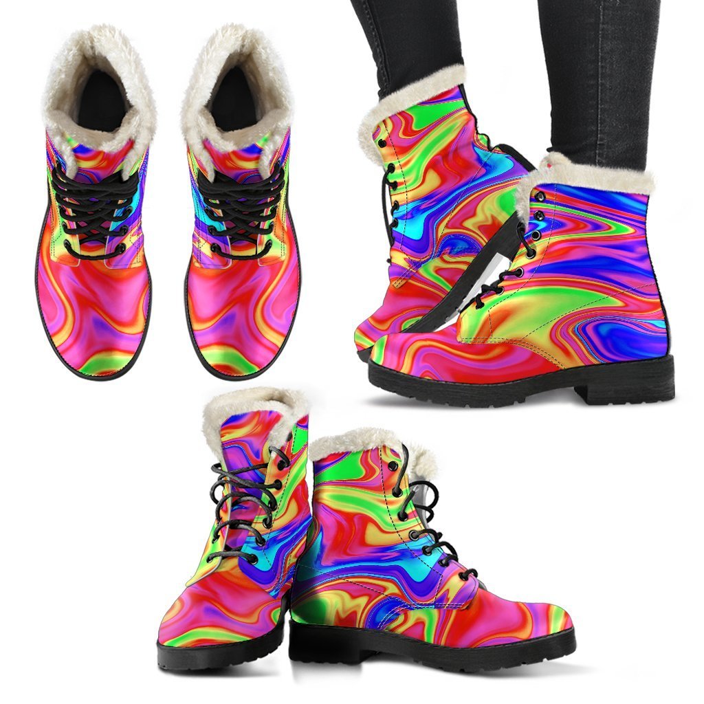 Groovy Vibes: Abstract Colorful Liquid Trippy Print Faux Fur Leather Boots for Hippies - 2