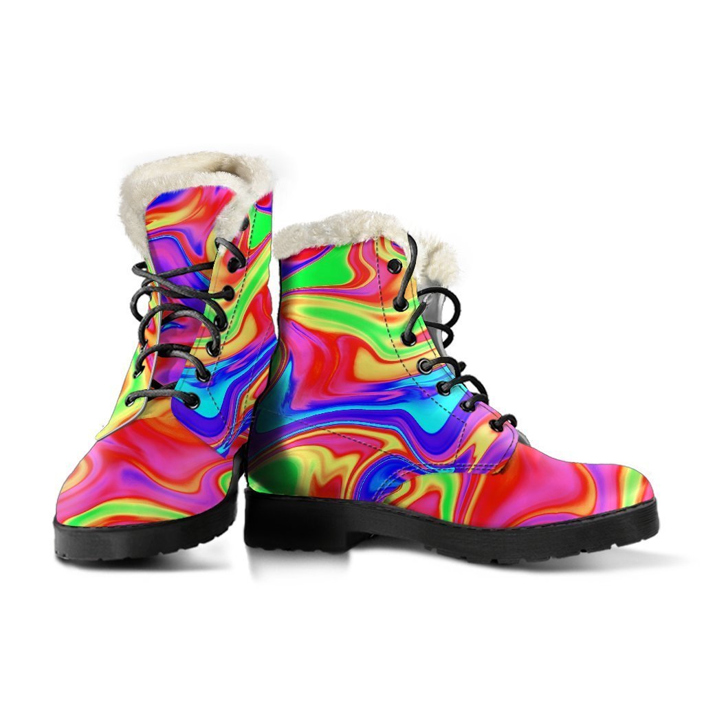 Groovy Vibes: Abstract Colorful Liquid Trippy Print Faux Fur Leather Boots for Hippies - 3