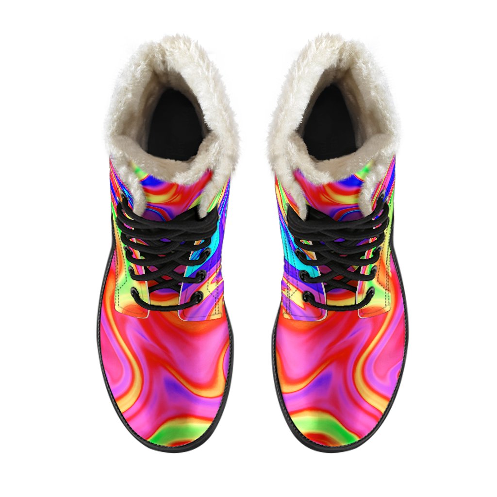 Groovy Vibes: Abstract Colorful Liquid Trippy Print Faux Fur Leather Boots for Hippies - 4