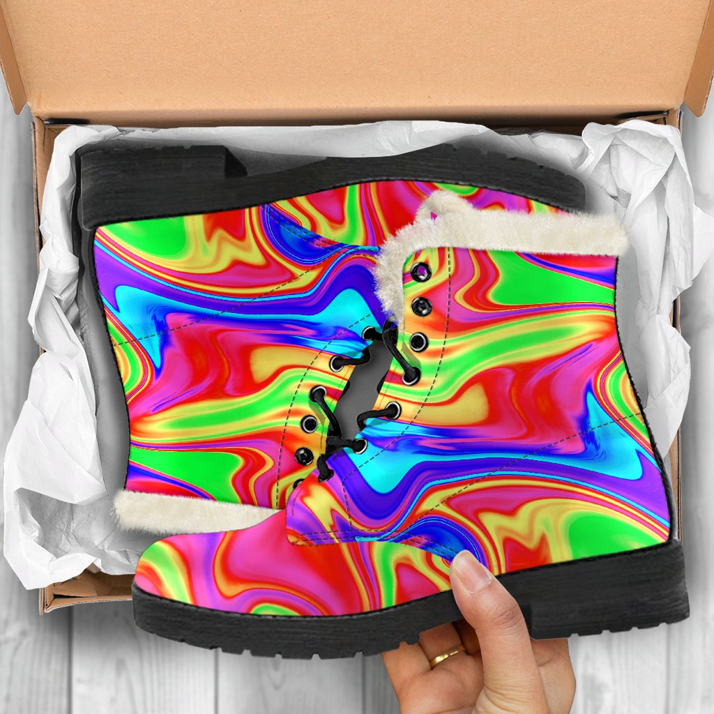 Groovy Vibes: Abstract Colorful Liquid Trippy Print Faux Fur Leather Boots for Hippies - 5