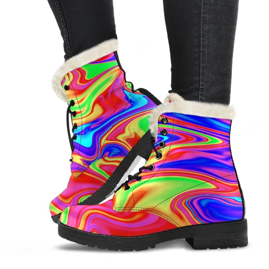 Groovy Vibes: Abstract Colorful Liquid Trippy Print Faux Fur Leather Boots for Hippies - 1