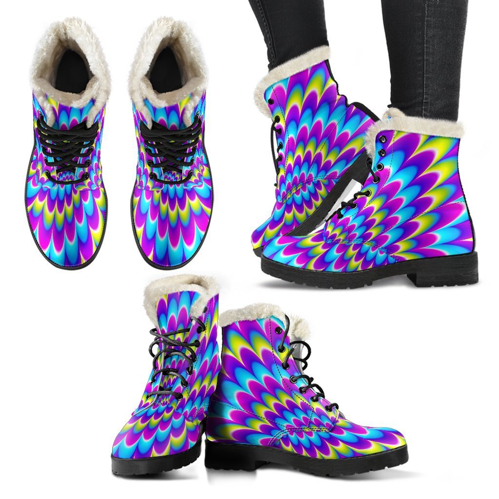 Abstract Dizzy Moving Optical Illusion Hippie Faux Fur Leather Boots - 2