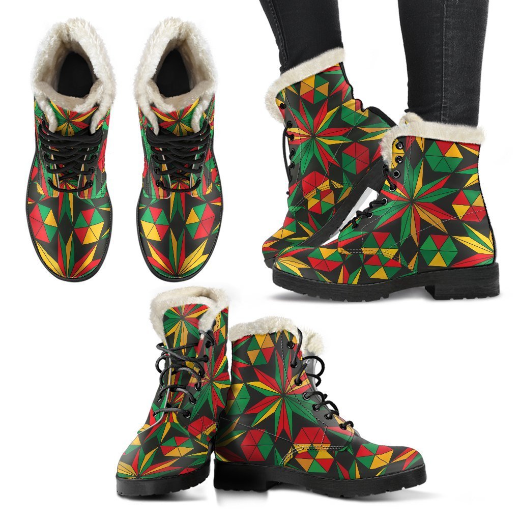 Groovy Faux Fur Leather Boots: Abstract Geometric Reggae Pattern Print - 2