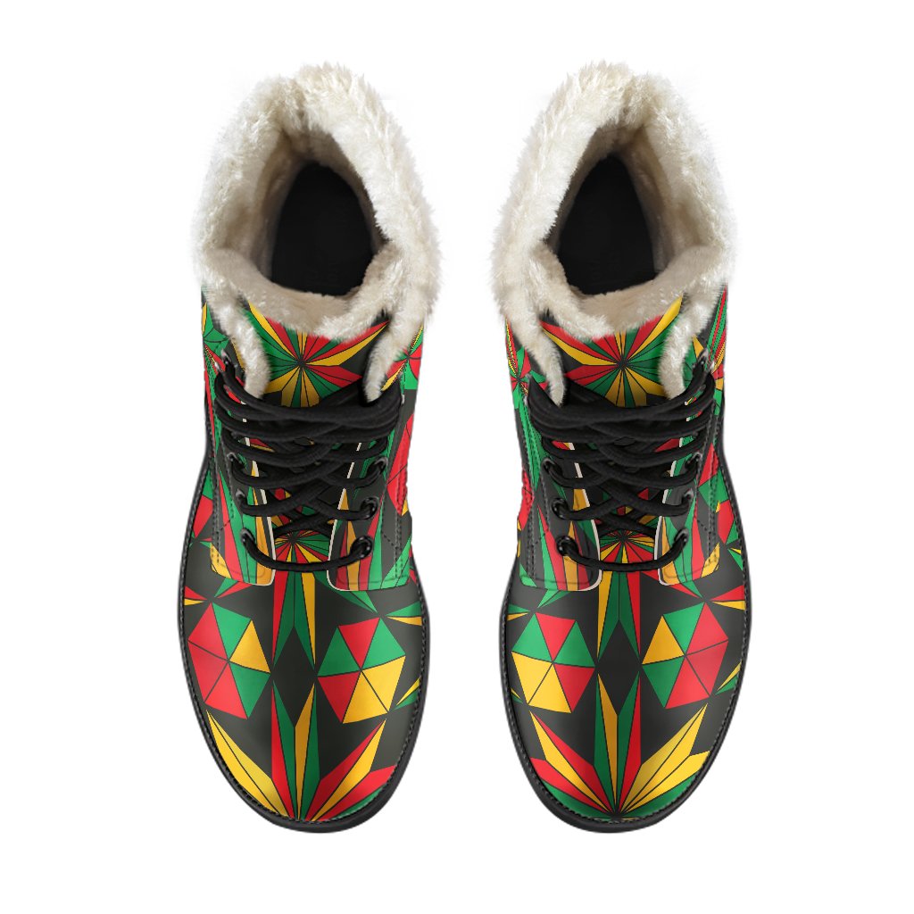 Groovy Faux Fur Leather Boots: Abstract Geometric Reggae Pattern Print - 4