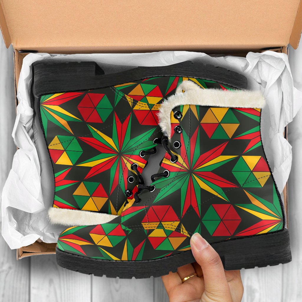 Groovy Faux Fur Leather Boots: Abstract Geometric Reggae Pattern Print - 5