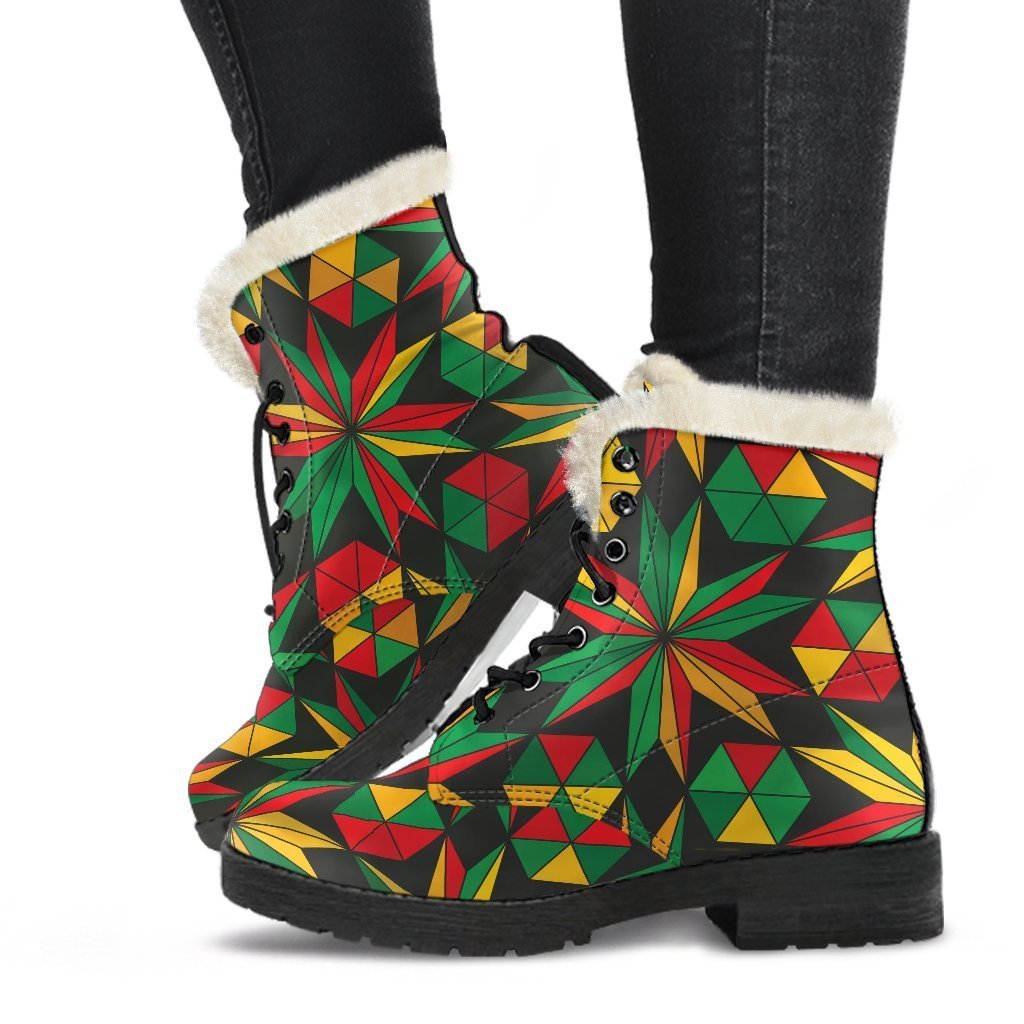 Groovy Faux Fur Leather Boots: Abstract Geometric Reggae Pattern Print - 1