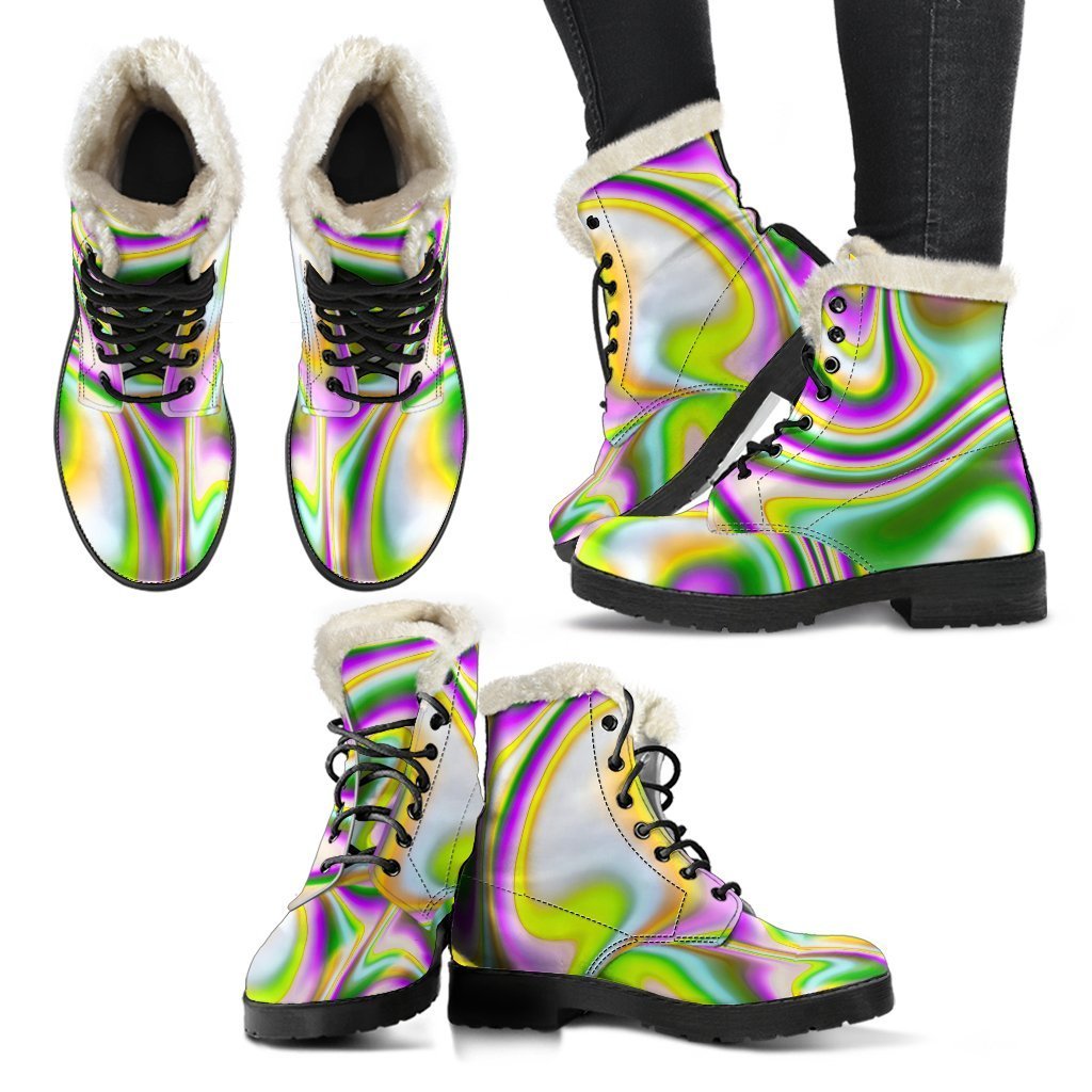 Abstract Holographic Trippy Faux Fur Leather Boots for the Stylish Hippie - 2