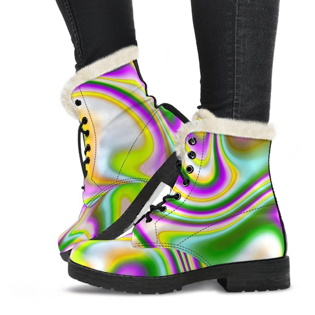 Abstract Holographic Trippy Faux Fur Leather Boots for the Stylish Hippie - 1