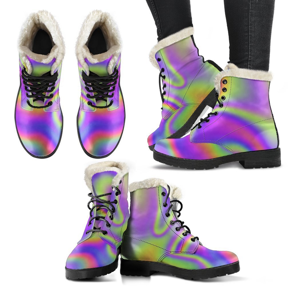 Abstract Holographic Trippy Faux Fur Leather Boots: A Hippie's Dream - 2