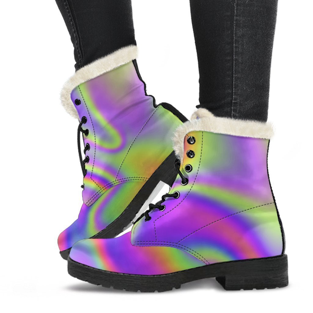 Abstract Holographic Trippy Faux Fur Leather Boots: A Hippie's Dream - 1