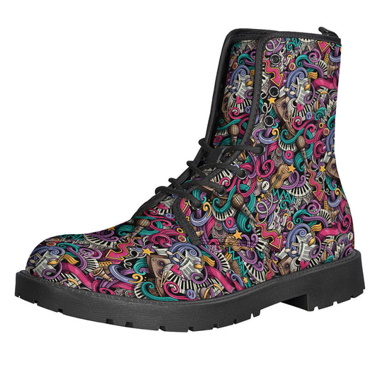 Groovin' in Style: Abstract Music Pattern Leather Boots for the Free Spirited Hippies - 1