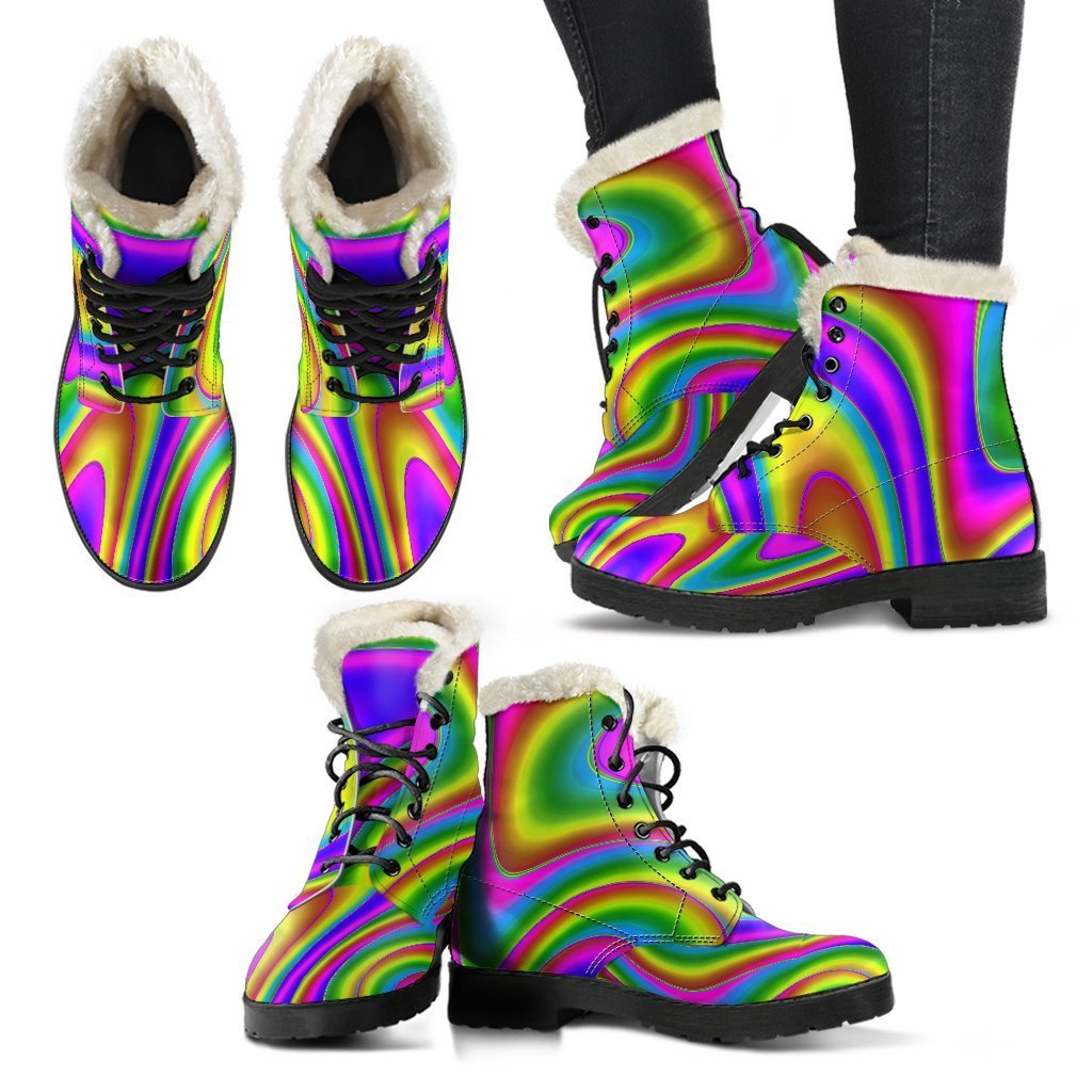 Boho Chic: Abstract Neon Trippy Faux Fur Leather Boots for the Free-spirited Hippie - 2