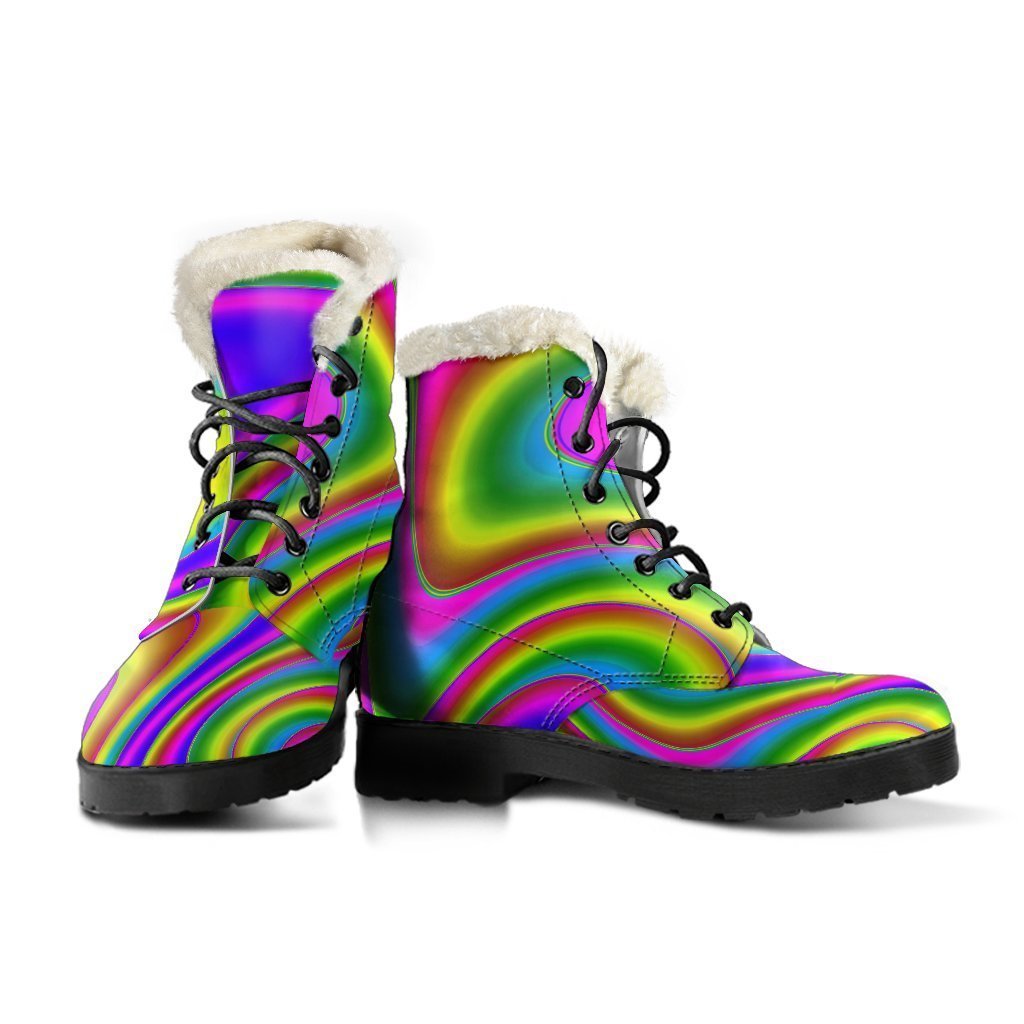 Boho Chic: Abstract Neon Trippy Faux Fur Leather Boots for the Free-spirited Hippie - 3