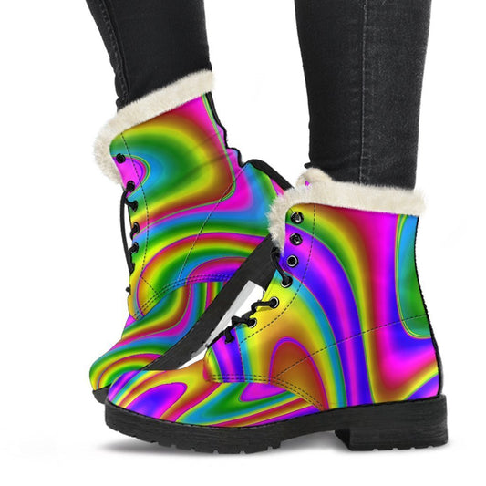 Boho Chic: Abstract Neon Trippy Faux Fur Leather Boots for the Free-spirited Hippie - 1