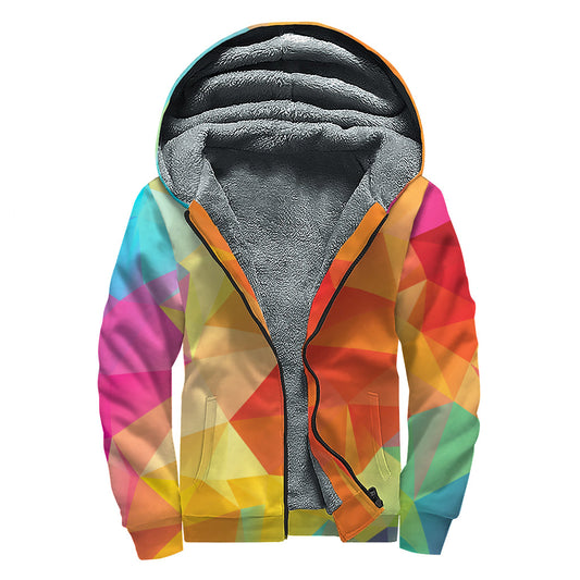 Abstract Polygonal Geometric Print Sherpa-Lined Zip Up Hoodie for the Free-Spirited Hippie - 1