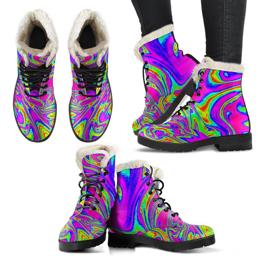 Abstract Psychedelic Liquid Trippy Print Faux Fur Leather Boots: Embrace Your Inner Hippie Style - 2