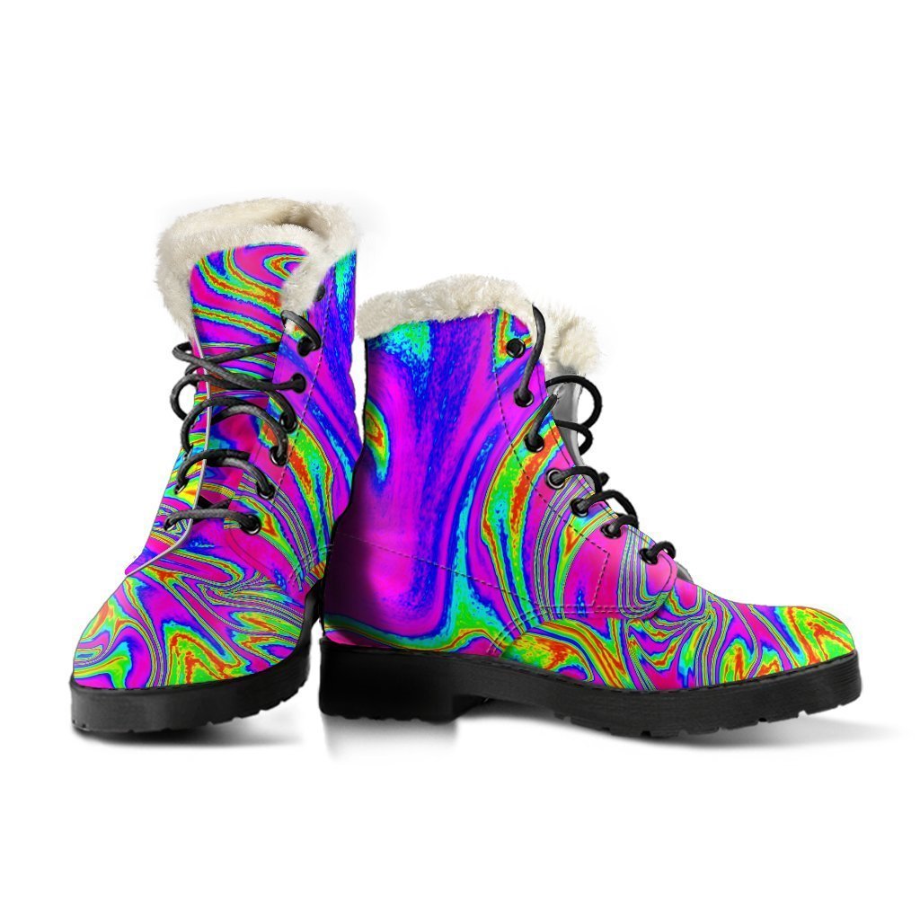 Abstract Psychedelic Liquid Trippy Print Faux Fur Leather Boots: Embrace Your Inner Hippie Style - 3