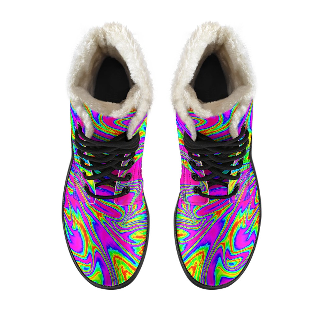 Abstract Psychedelic Liquid Trippy Print Faux Fur Leather Boots: Embrace Your Inner Hippie Style - 4