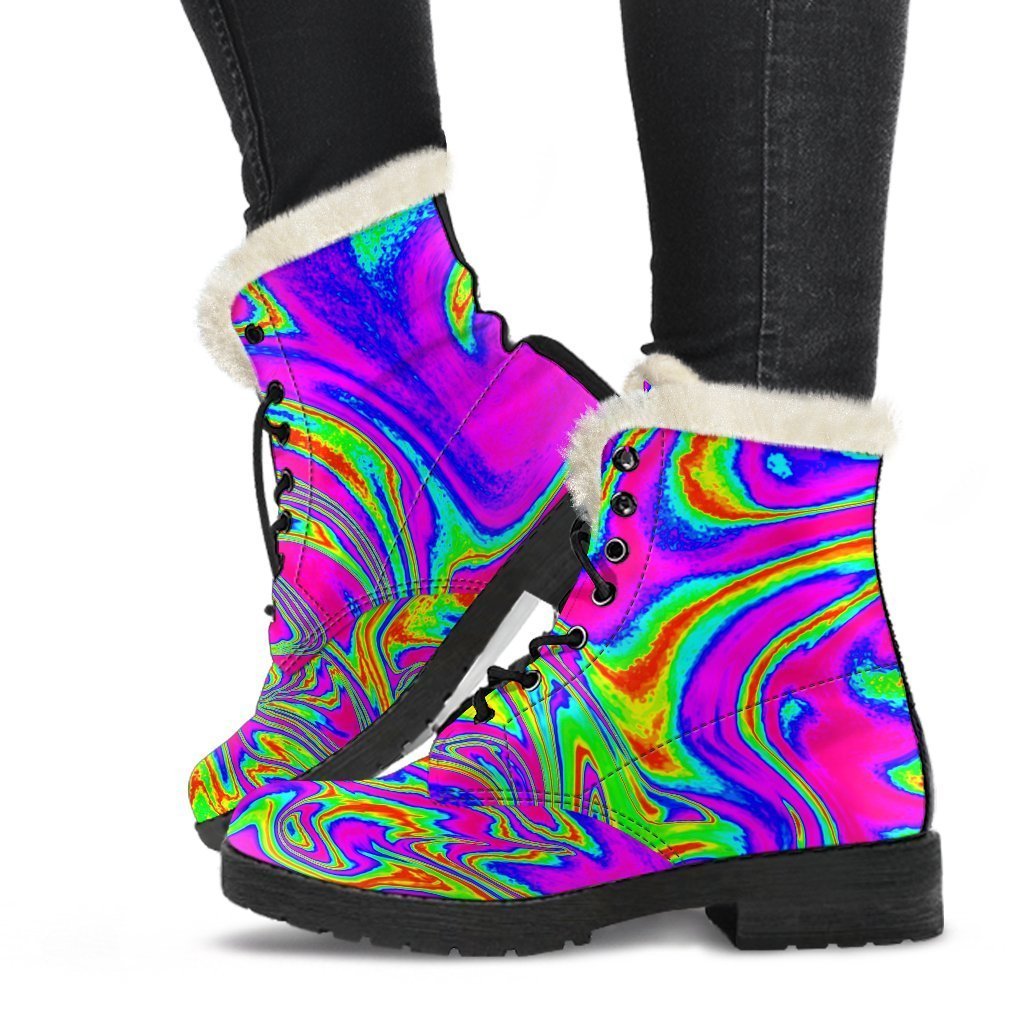 Abstract Psychedelic Liquid Trippy Print Faux Fur Leather Boots: Embrace Your Inner Hippie Style - 1