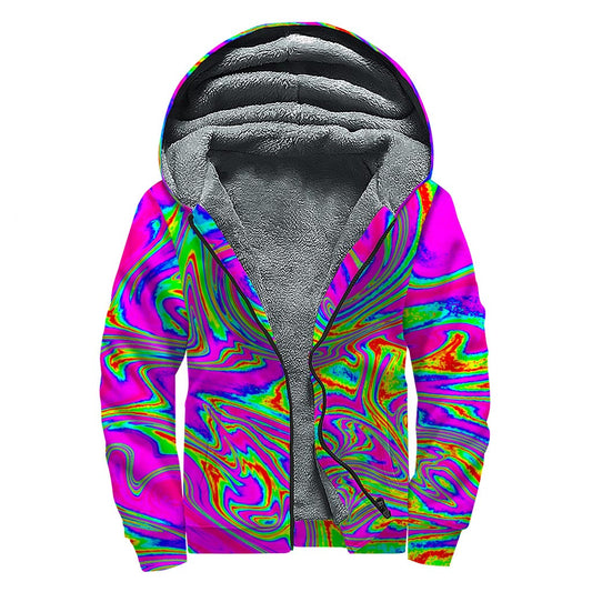 Abstract Psychedelic Liquid Trippy Print Hippie Sherpa Lined Zip Up Hoodie - 1