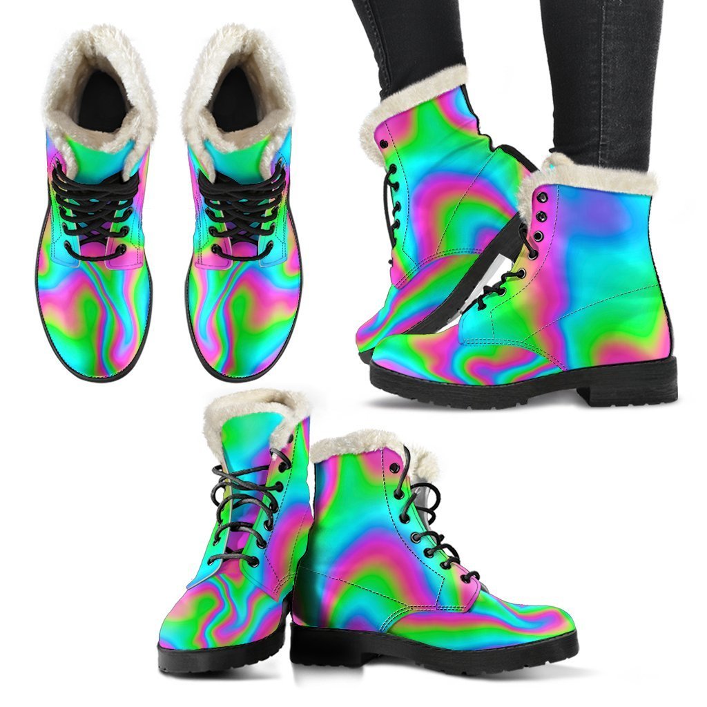 Groovy Vibes: Abstract Psychedelic Faux Fur Leather Boots for Hippies - 2