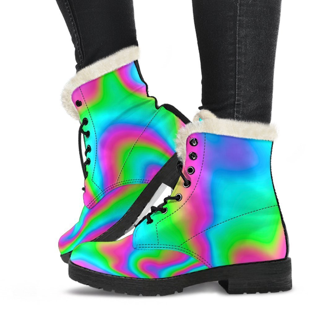 Groovy Vibes: Abstract Psychedelic Faux Fur Leather Boots for Hippies - 1