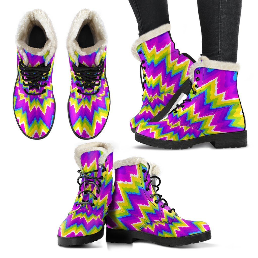 Groovy Vibes: Abstract Spiral Moving Optical Illusion Faux Fur Leather Boots for Hippies - 2