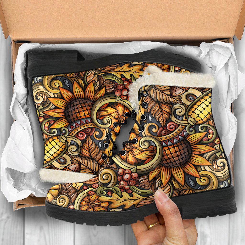 Get Groovy in Abstract Sunflower Faux Fur Leather Boots - 5