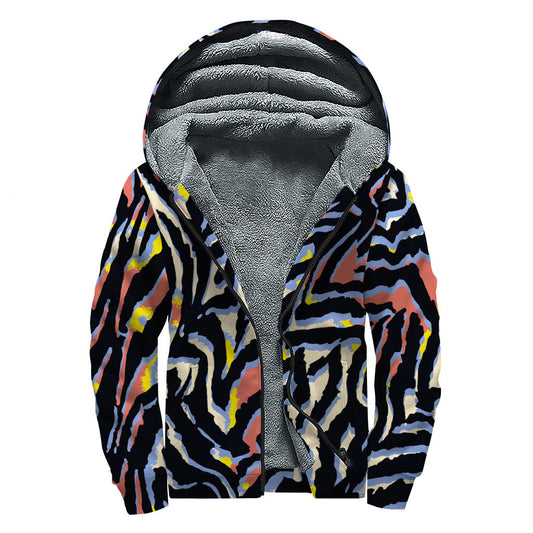 Abstract Zebra Print Sherpa Lined Zip Up Hoodie for Groovy Hippies - 1