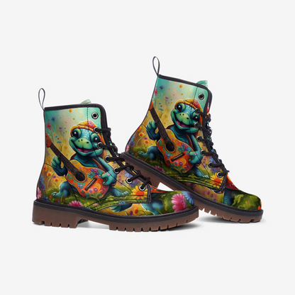 Emerald Blossoms - Hippie Style Turtle With Guitar Casual Leather Lightweight Boots For Hippies