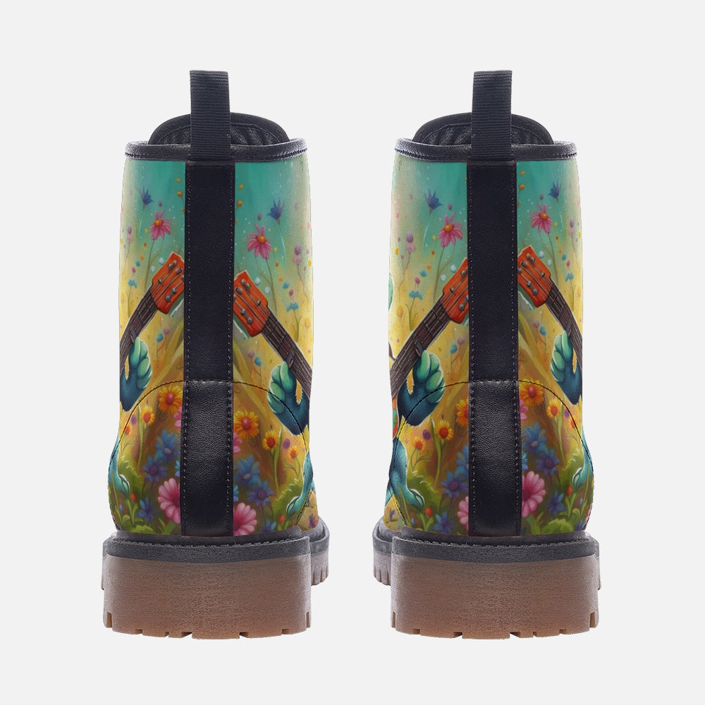 Emerald Blossoms - Hippie Style Turtle With Guitar Casual Leather Lightweight Boots For Hippies