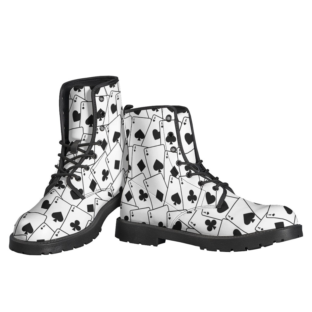 Groovy Vibes: Ace Playing Cards Pattern Print Leather Lightweight Boots for Hippies - 3