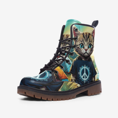 Emerald Blossoms - Cool Cat On Hippie T-shirt, Peace Symbol Casual Leather Lightweight Boots For Hippies