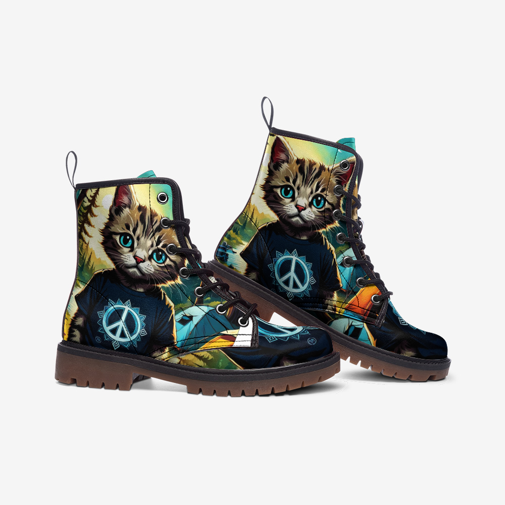 Emerald Blossoms - Cool Cat On Hippie T-shirt, Peace Symbol Casual Leather Lightweight Boots For Hippies