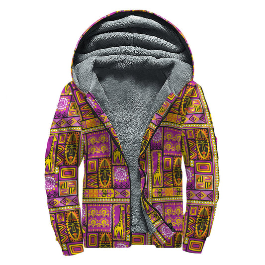 Groovy African Tribal Print Sherpa Lined Zip Up Hoodie for Free-Spirited Hippies - 1