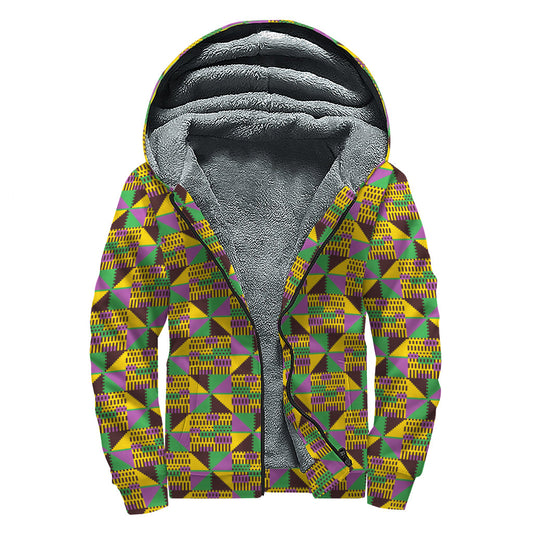 Groovy Vibes Sherpa Lined Zip Up Hoodie with African Kente Pattern - 1