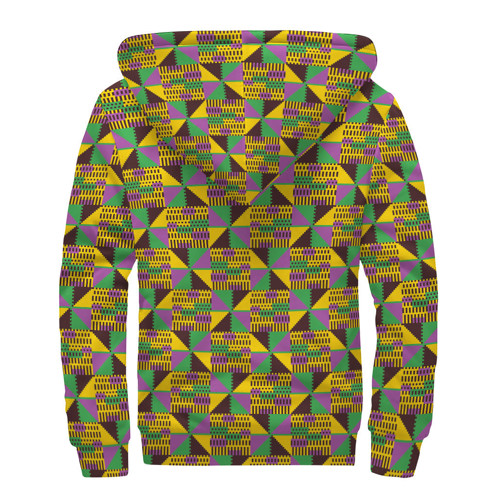 Groovy Vibes Sherpa Lined Zip Up Hoodie with African Kente Pattern - 2