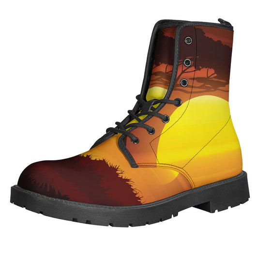 Hippie Vibes: African Savanna Sunset Print Leather Boots for the Free-Spirited - 1